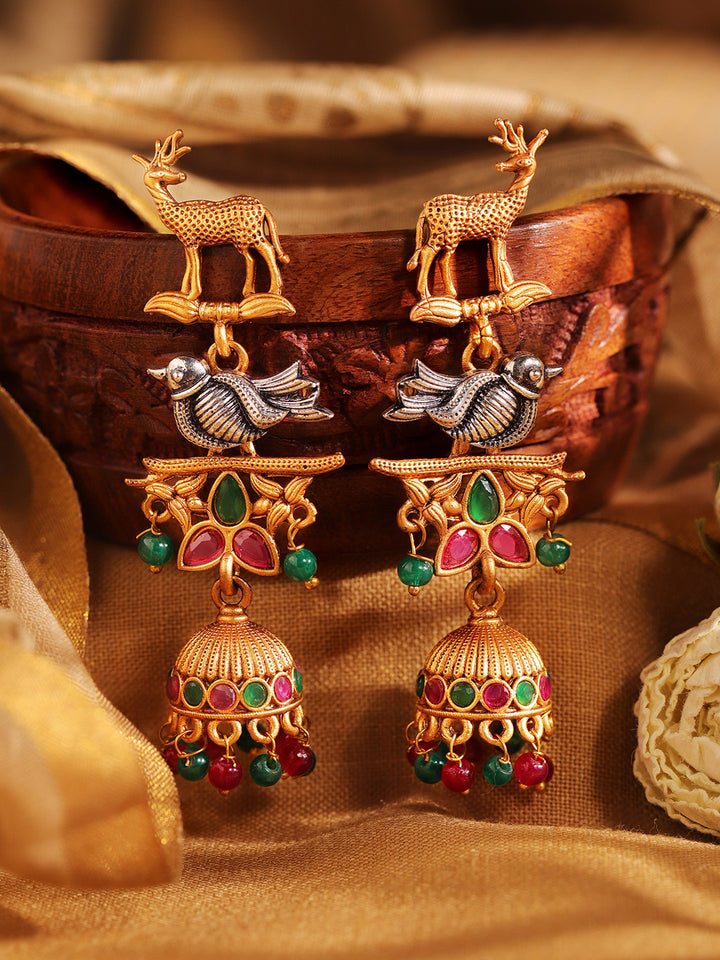 Priyaasi Gold Plated Sparrow Flora-Fauna Jhumka Earrings