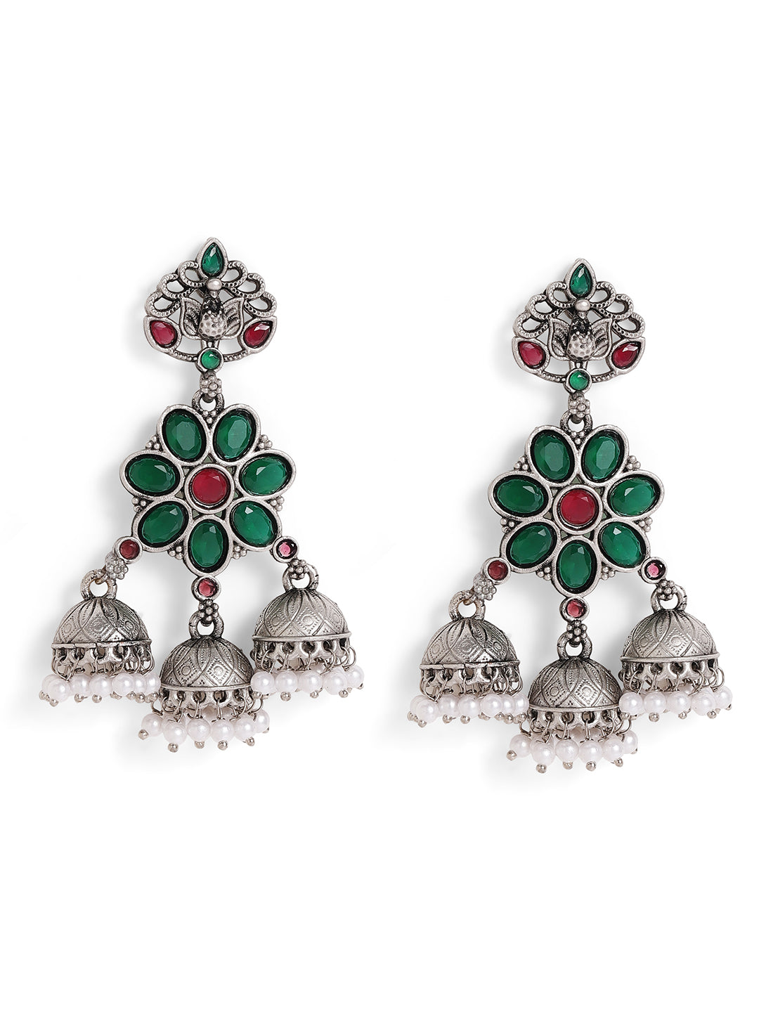 Priyaasi Silver Plated Green Oxidized Drop Earrings