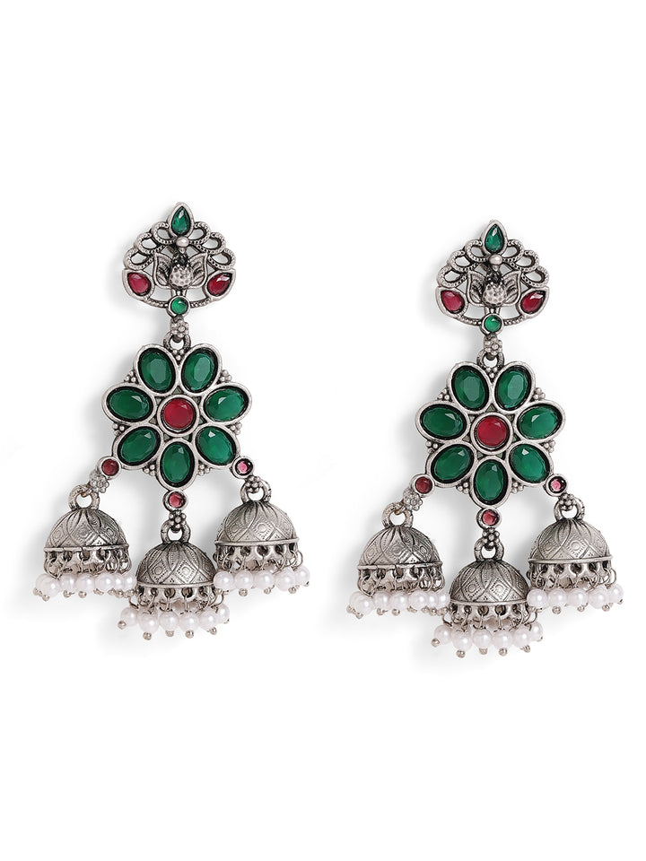 Priyaasi Silver Plated Green Oxidized Drop Earrings