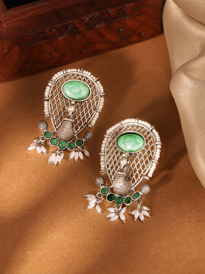Priyaasi Silver Plated Green Oxidized Drop Earrings