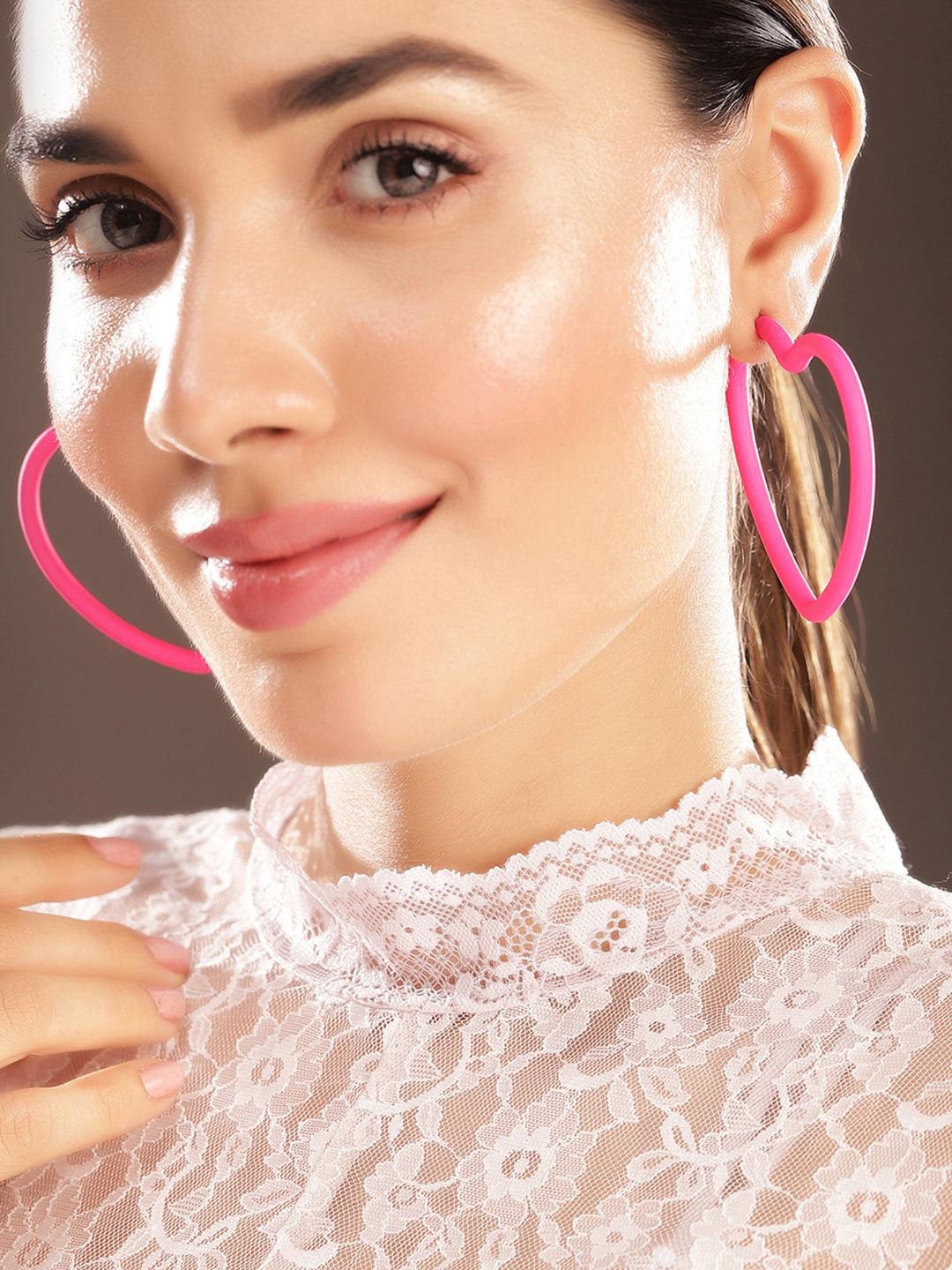 Priyaasi Pink Heart-Shaped Hoops Earrings