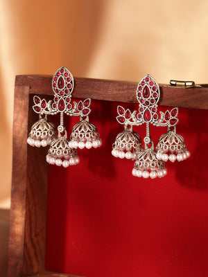 Priyaasi Silver Plated Red Oxidized Drop Earrings