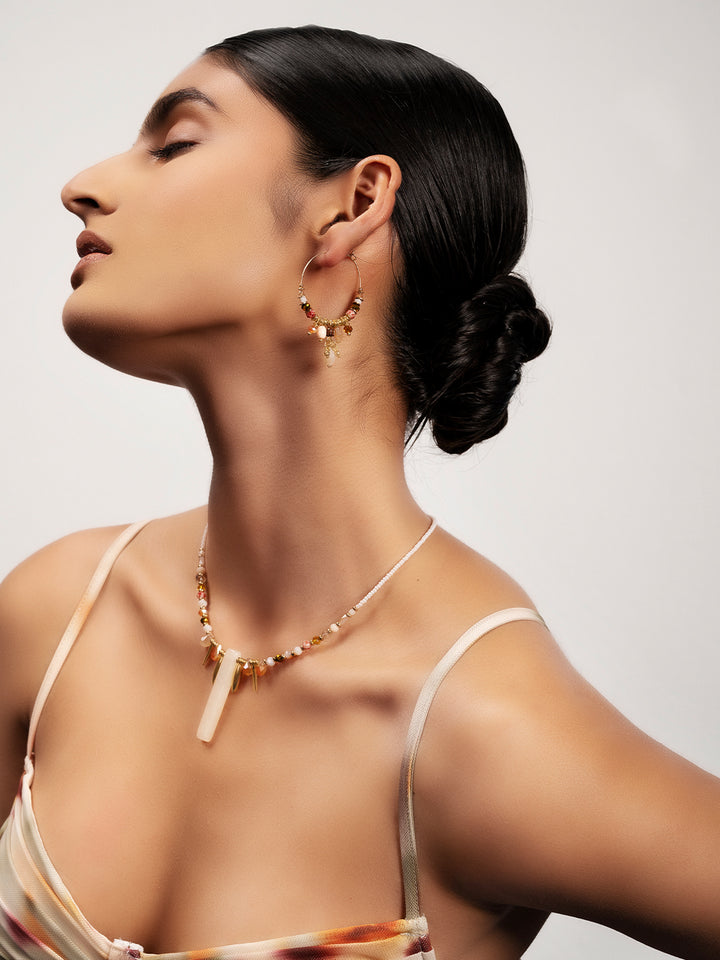Priyaasi Gold Plated Pink Beaded Drop Earrings