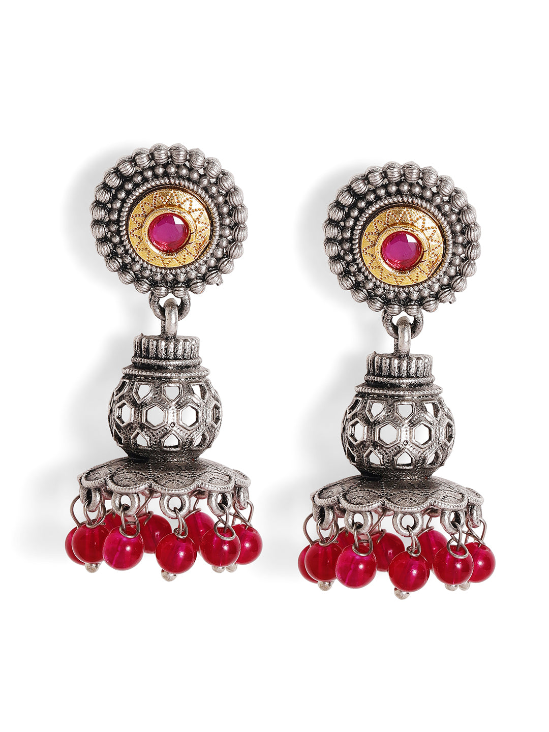 Priyaasi Silver Plated Red Oxidized Drop Earrings