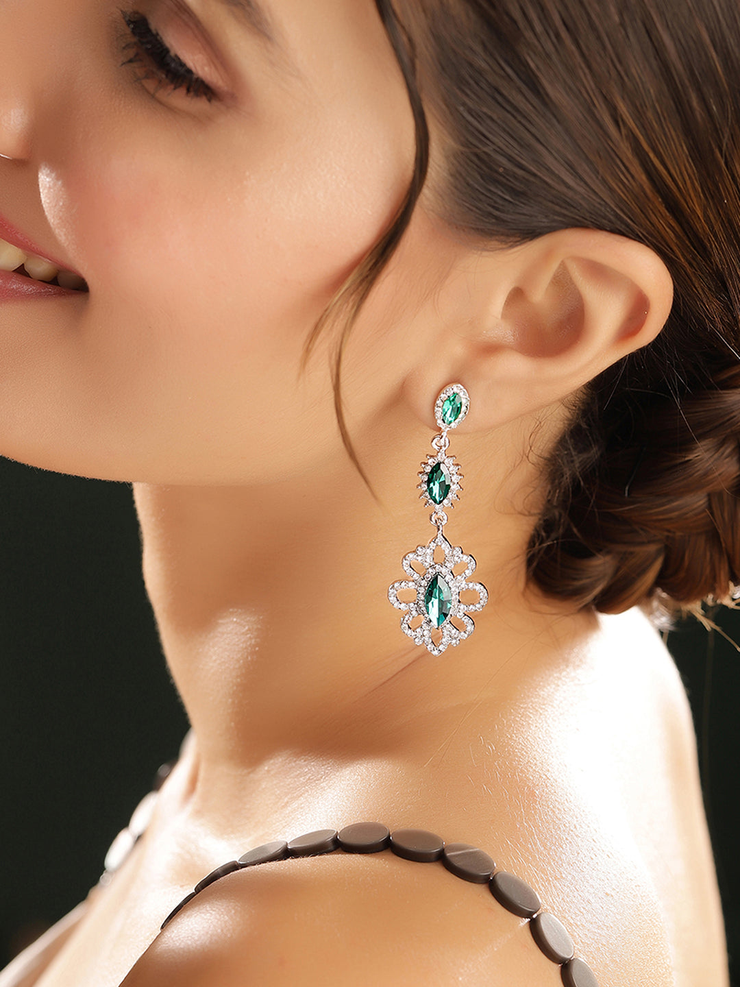 Priyaasi Silver Plated Green Crystal Drop Earrings