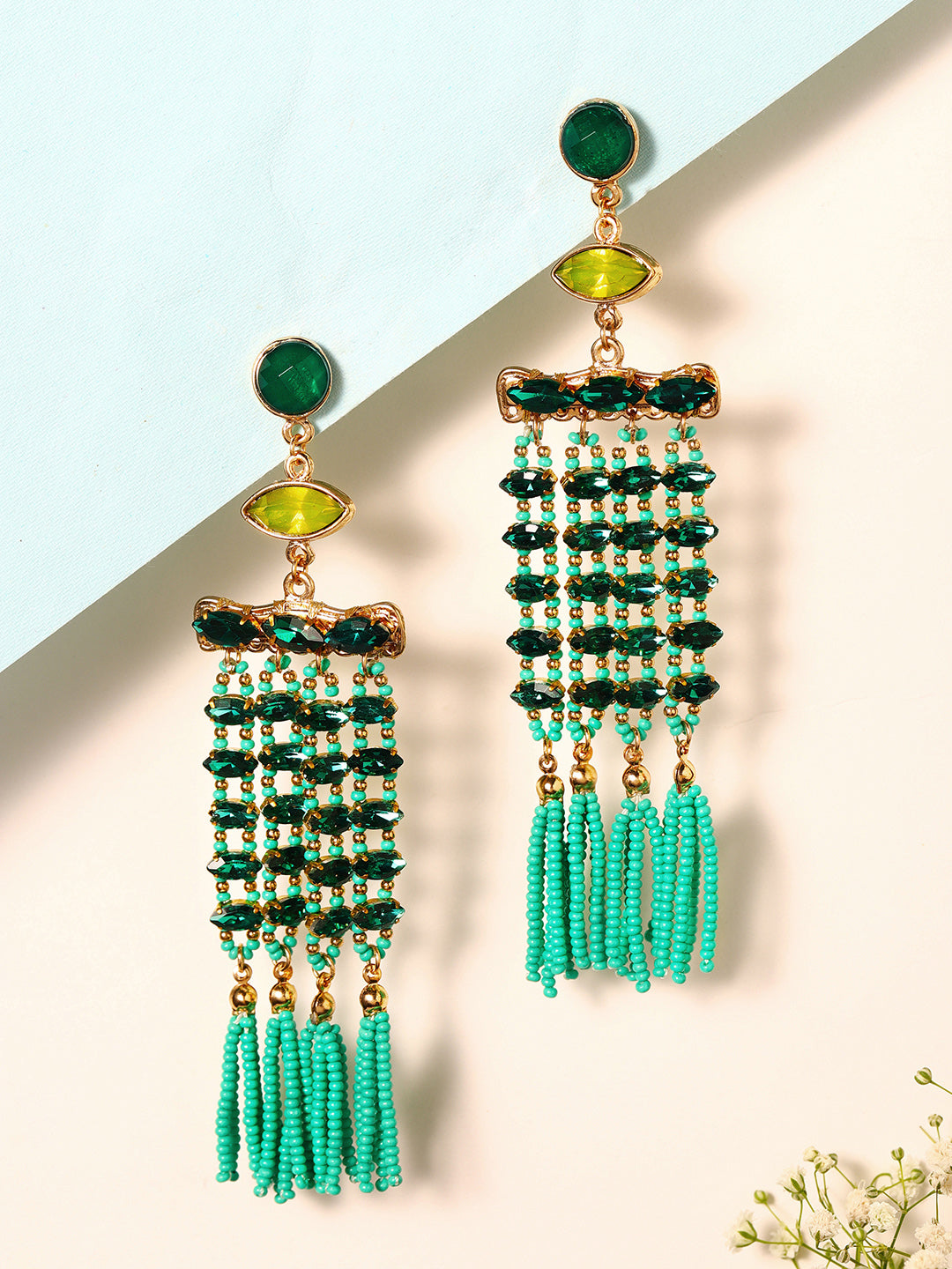 Priyaasi Gold Plated Green Beaded Dangle Earrings