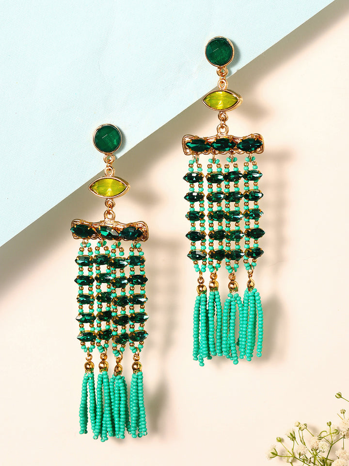 Priyaasi Gold Plated Green Beaded Dangle Earrings