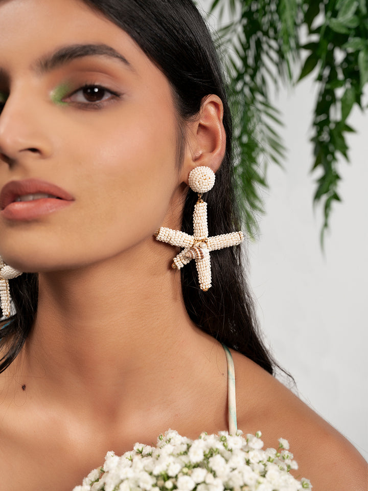 Priyaasi Gold Plated White Beaded Drop Earrings