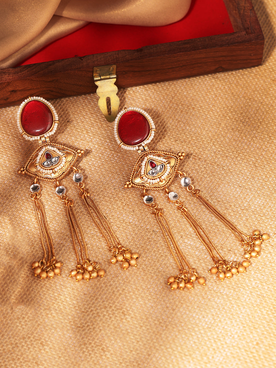 Priyaasi Gold Plated Red Kundan Dangle Earrings