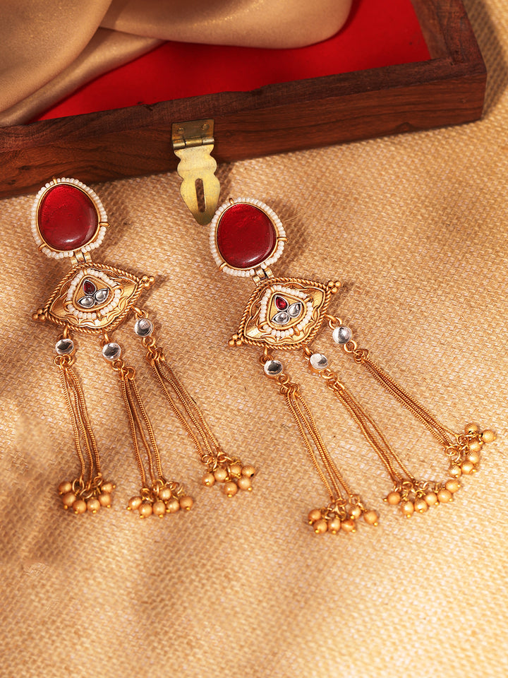 Priyaasi Gold Plated Red Kundan Dangle Earrings