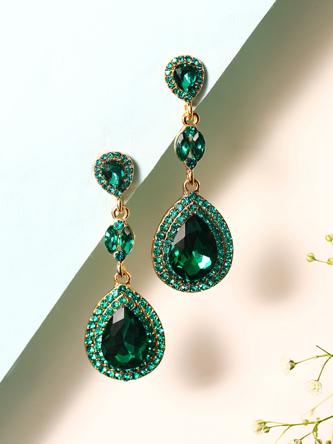 Priyaasi Gold Plated Green Crystal Drop Earrings