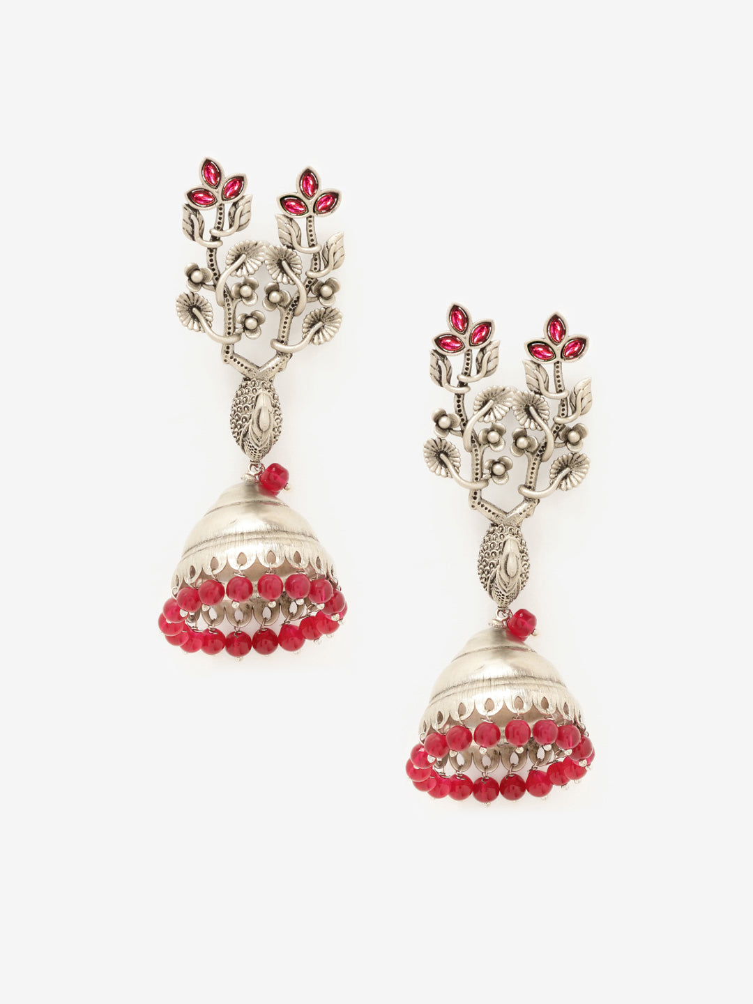 Priyaasi Silver Plated Red Ruby Oxidized Jhumka Earrings