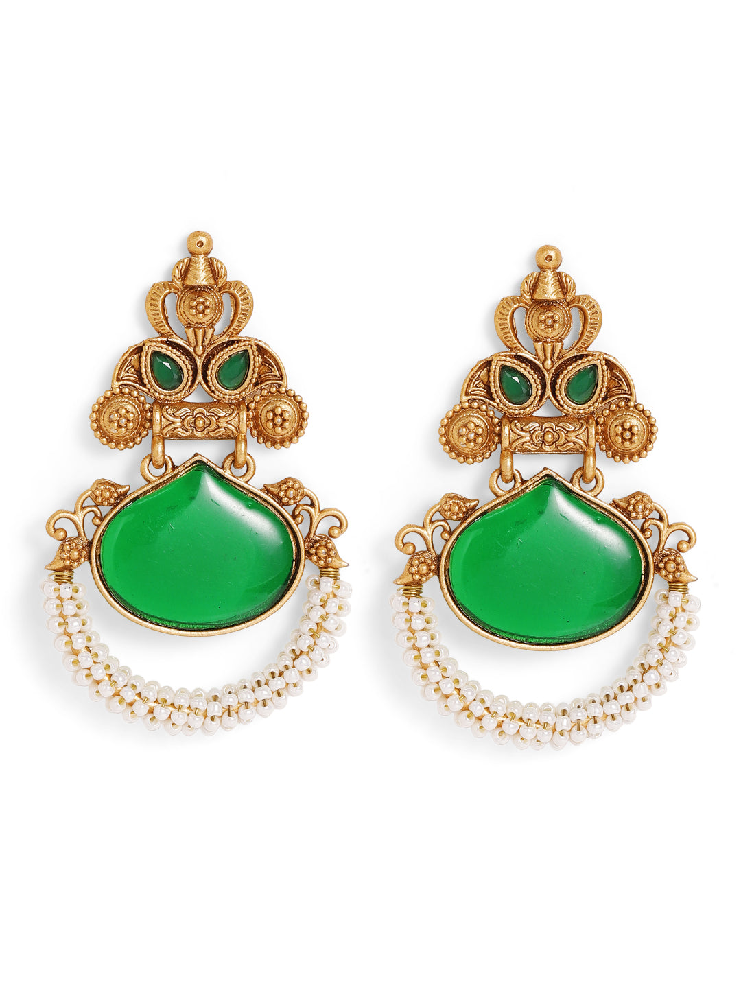 Priyaasi Gold Plated Green Temple Chandbali Earrings