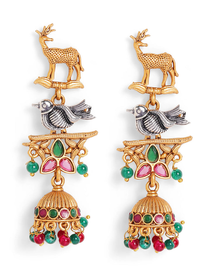 Priyaasi Gold Plated Sparrow Flora-Fauna Jhumka Earrings