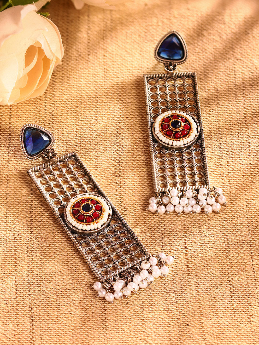 Priyaasi Silver Plated Oxidized Dangle Earrings