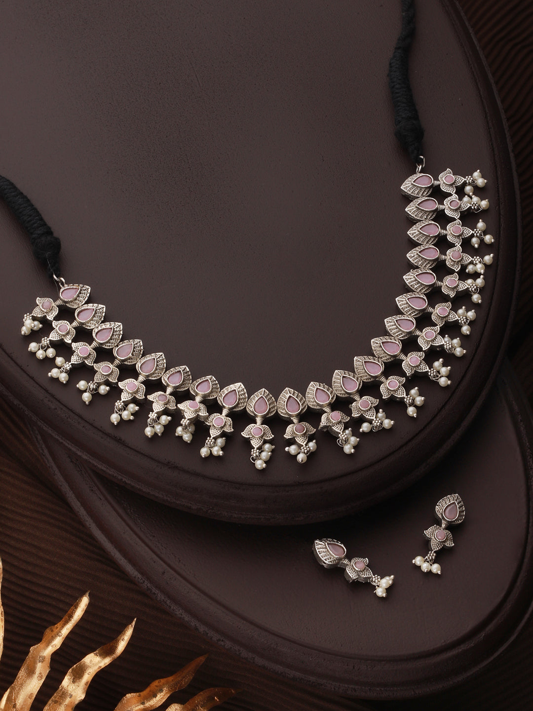 Priyaasi Silver Plated Pink Floral Jewellery Set