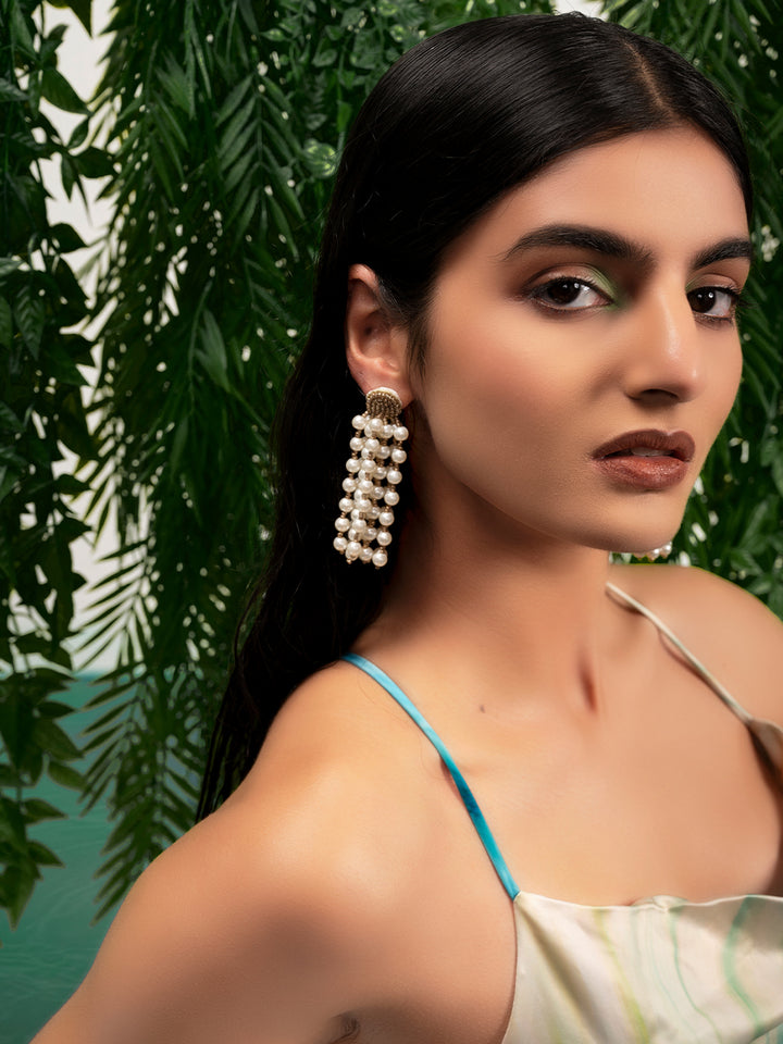 Priyaasi Gold Plated White Beaded Drop Earrings