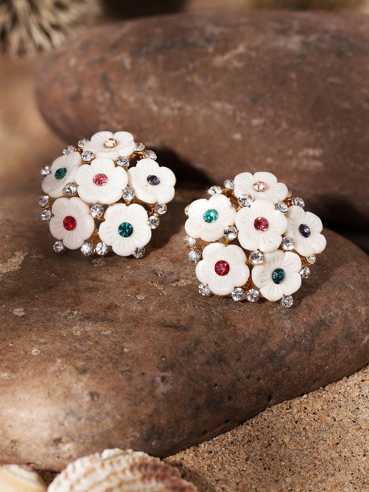 Priyaasi Gold Plated White Floral Stud Earrings