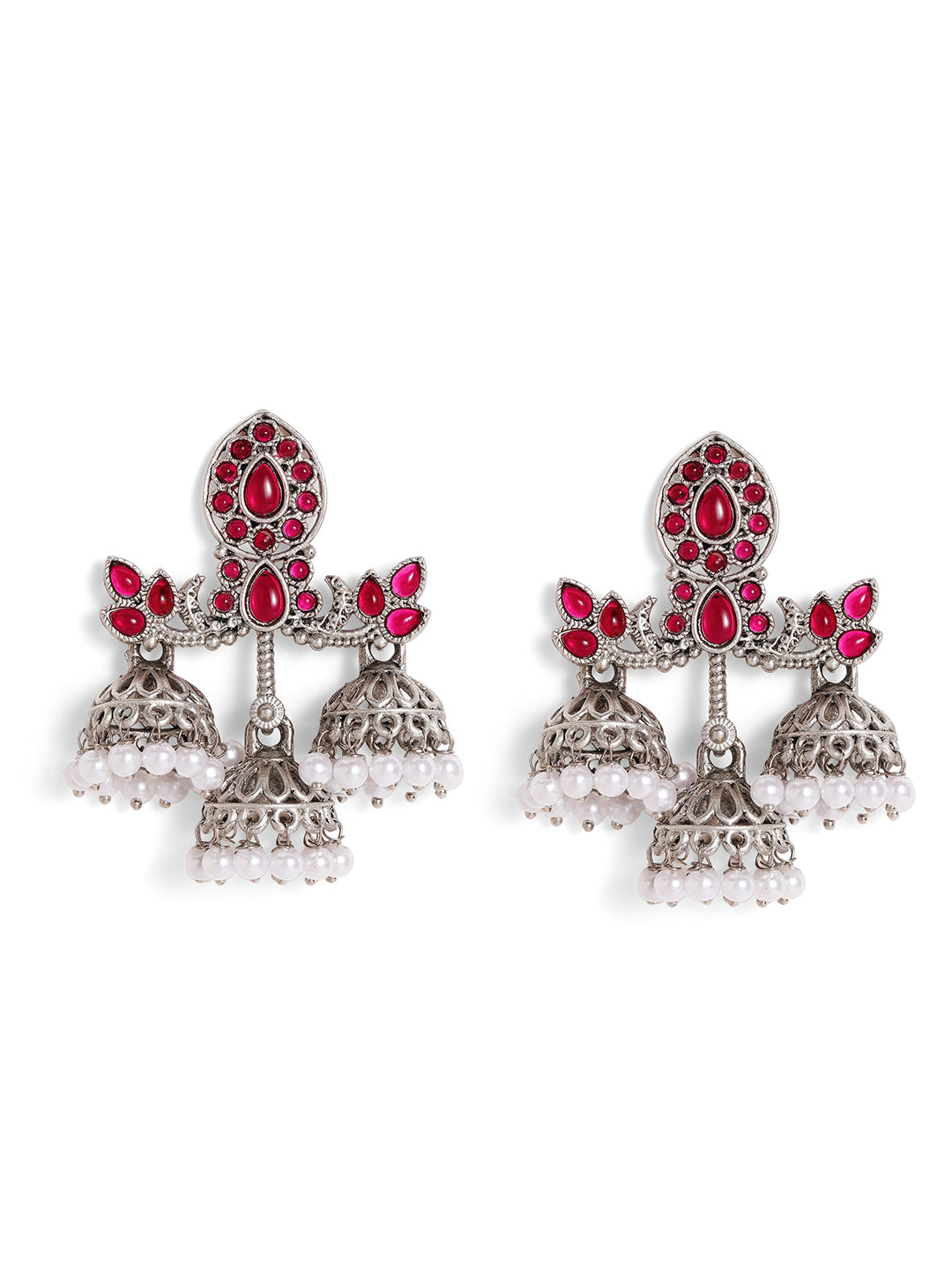 Priyaasi Silver Plated Red Oxidized Drop Earrings