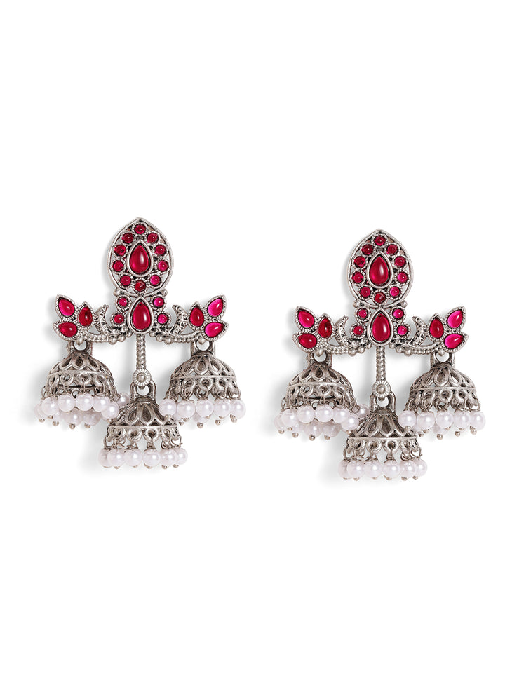 Priyaasi Silver Plated Red Oxidized Drop Earrings
