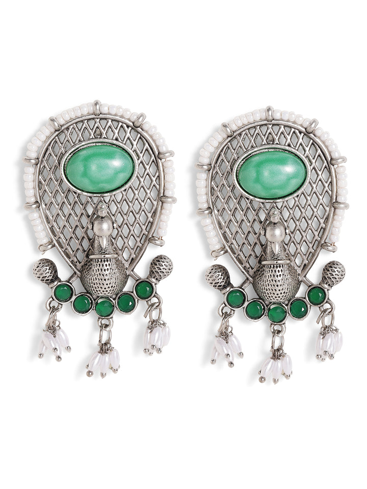 Priyaasi Silver Plated Green Oxidized Drop Earrings