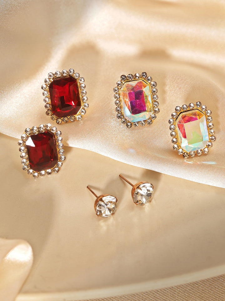 Priyaasi Silver Plated Red Crystal Stud Earrings