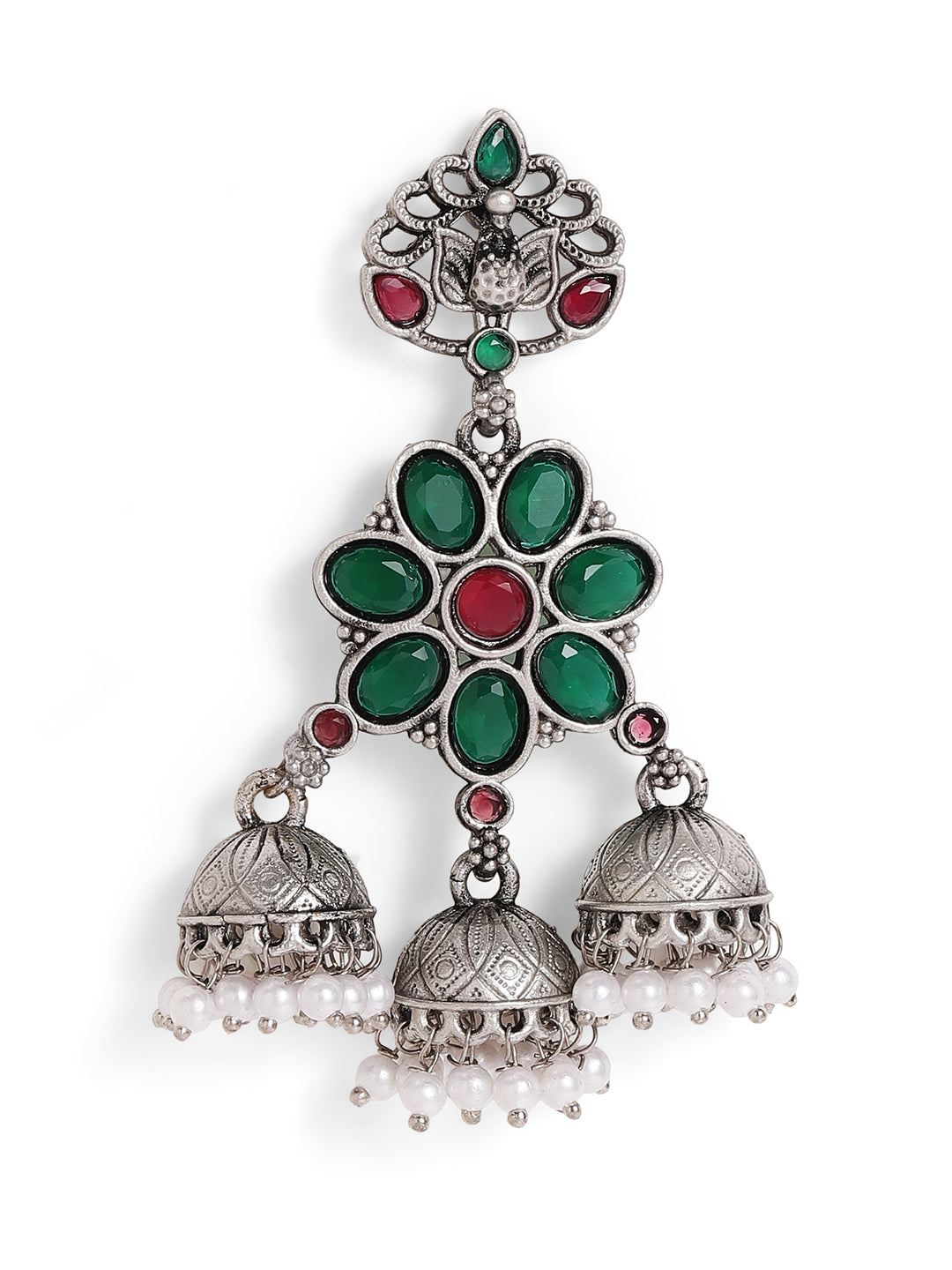 Priyaasi Silver Plated Green Oxidized Drop Earrings