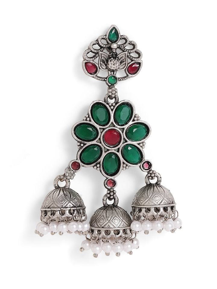 Priyaasi Silver Plated Green Oxidized Drop Earrings