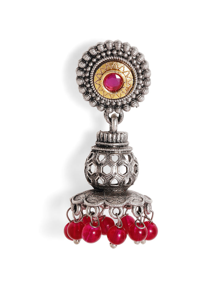 Priyaasi Silver Plated Red Oxidized Drop Earrings