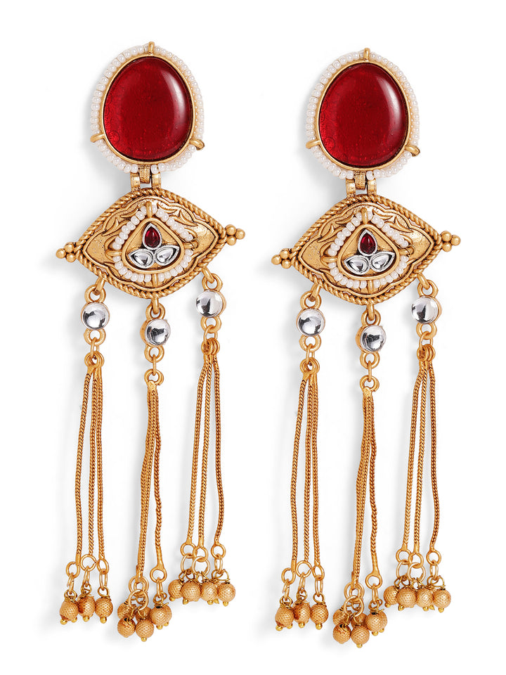 Priyaasi Gold Plated Red Kundan Dangle Earrings