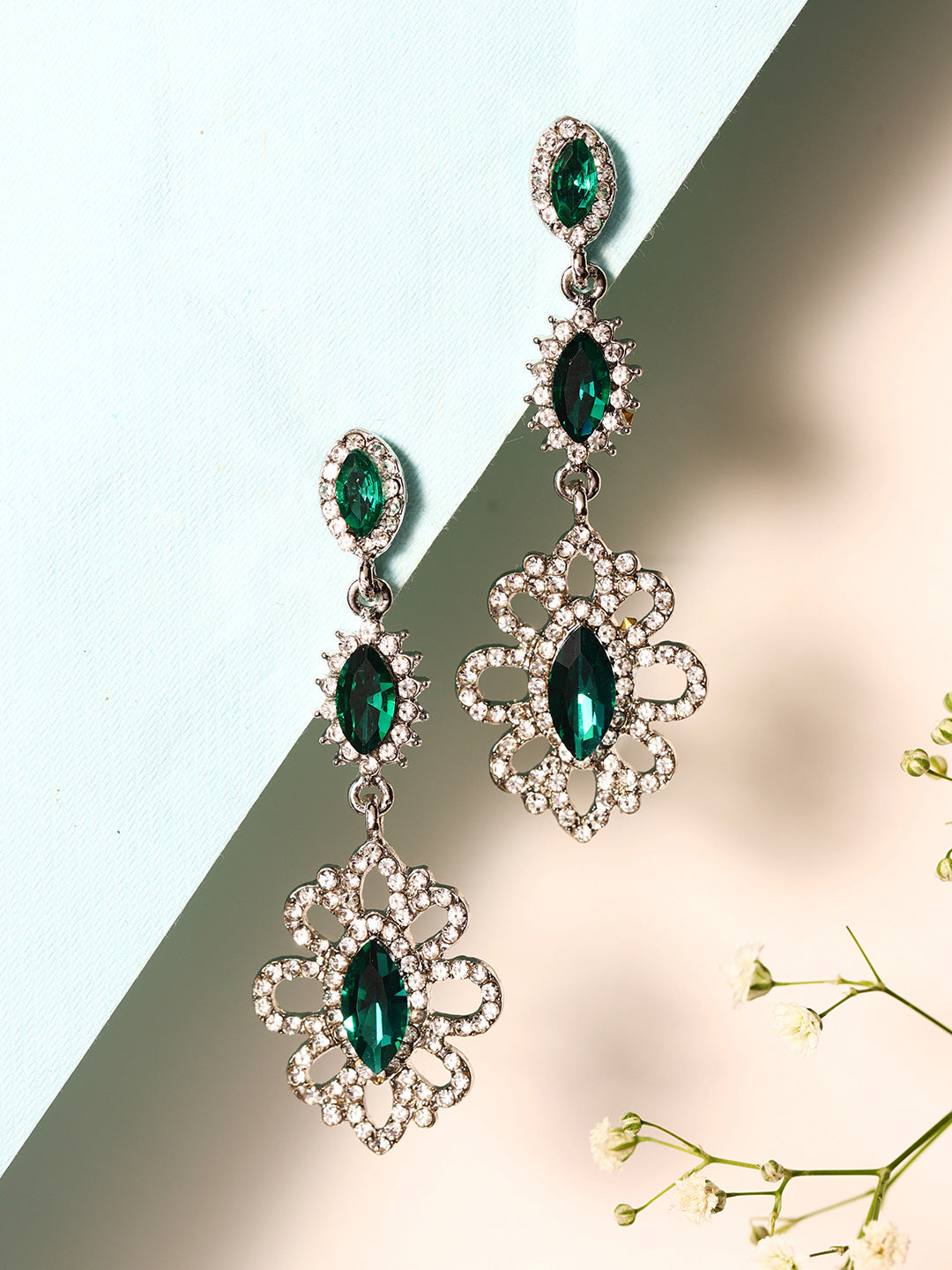Priyaasi Silver Plated Green Crystal Drop Earrings