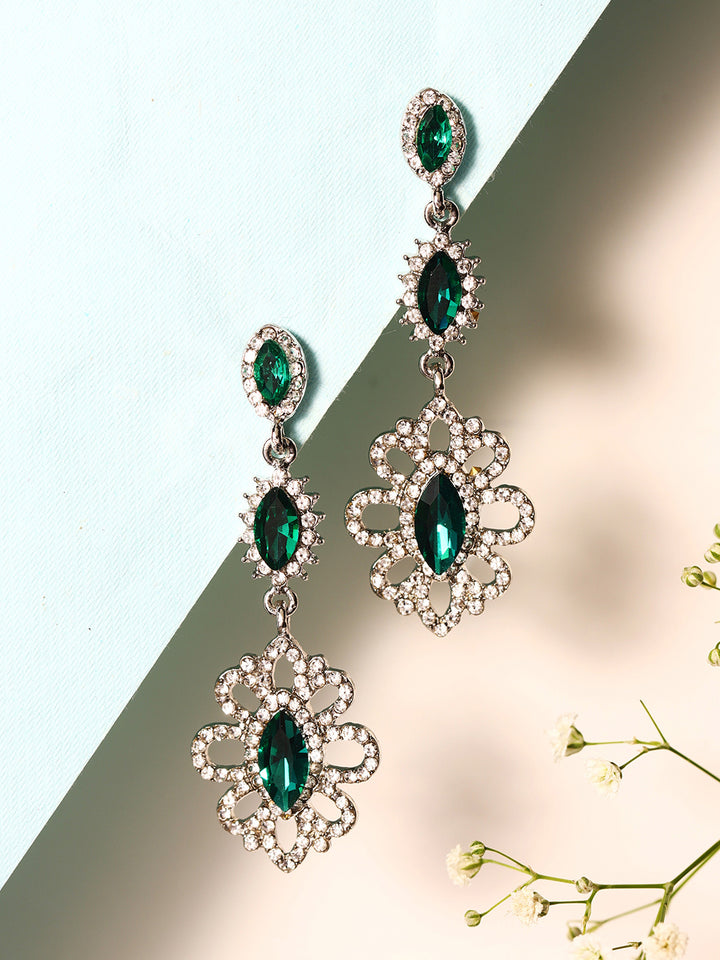 Priyaasi Silver Plated Green Crystal Drop Earrings