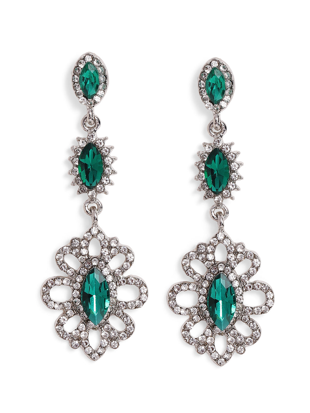 Priyaasi Silver Plated Green Crystal Drop Earrings