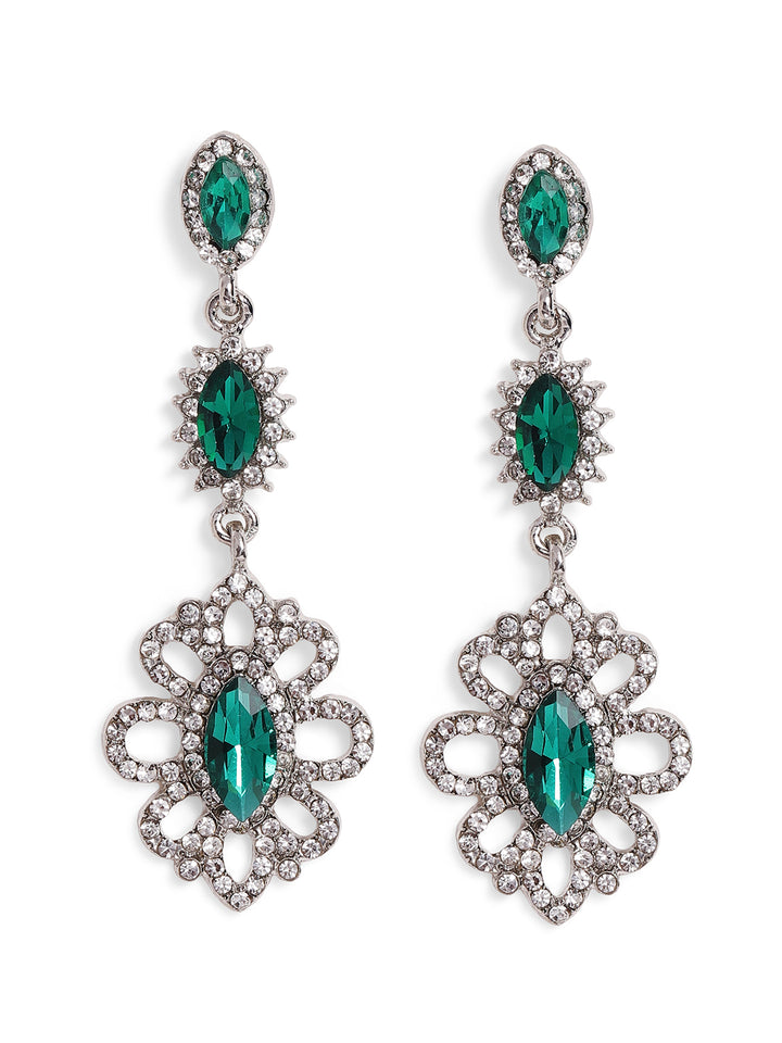 Priyaasi Silver Plated Green Crystal Drop Earrings