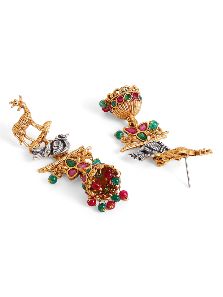 Priyaasi Gold Plated Sparrow Flora-Fauna Jhumka Earrings