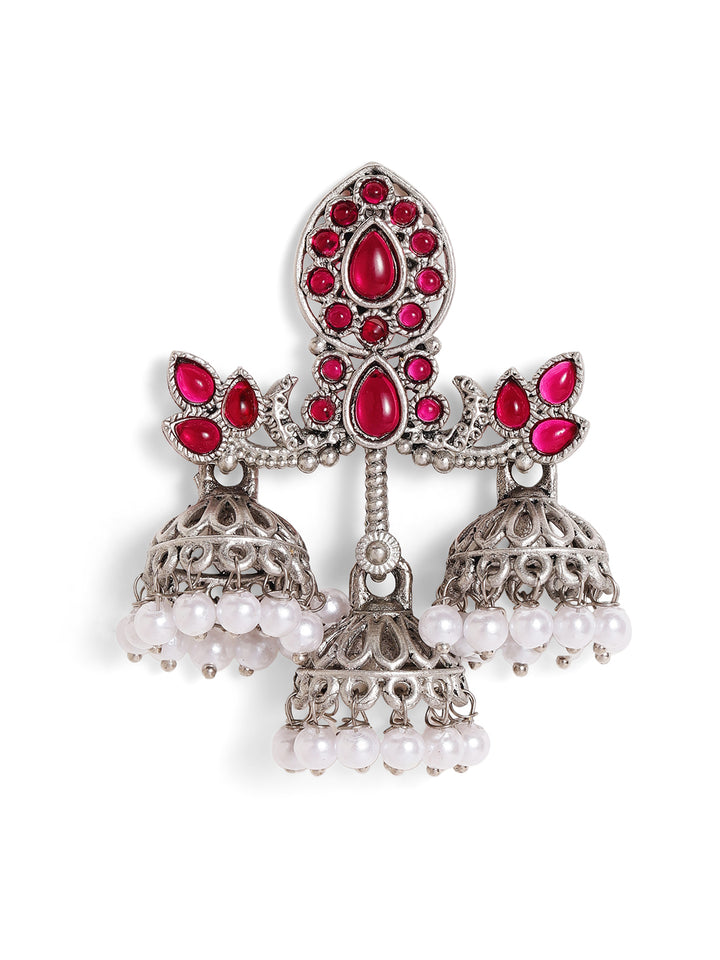Priyaasi Silver Plated Red Oxidized Drop Earrings
