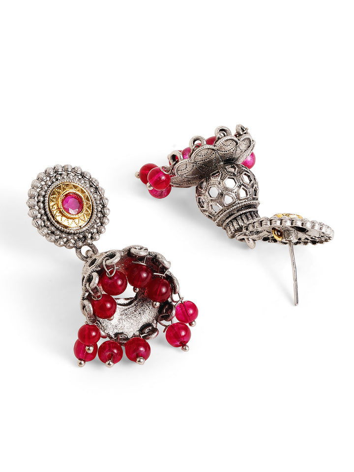 Priyaasi Silver Plated Red Oxidized Drop Earrings