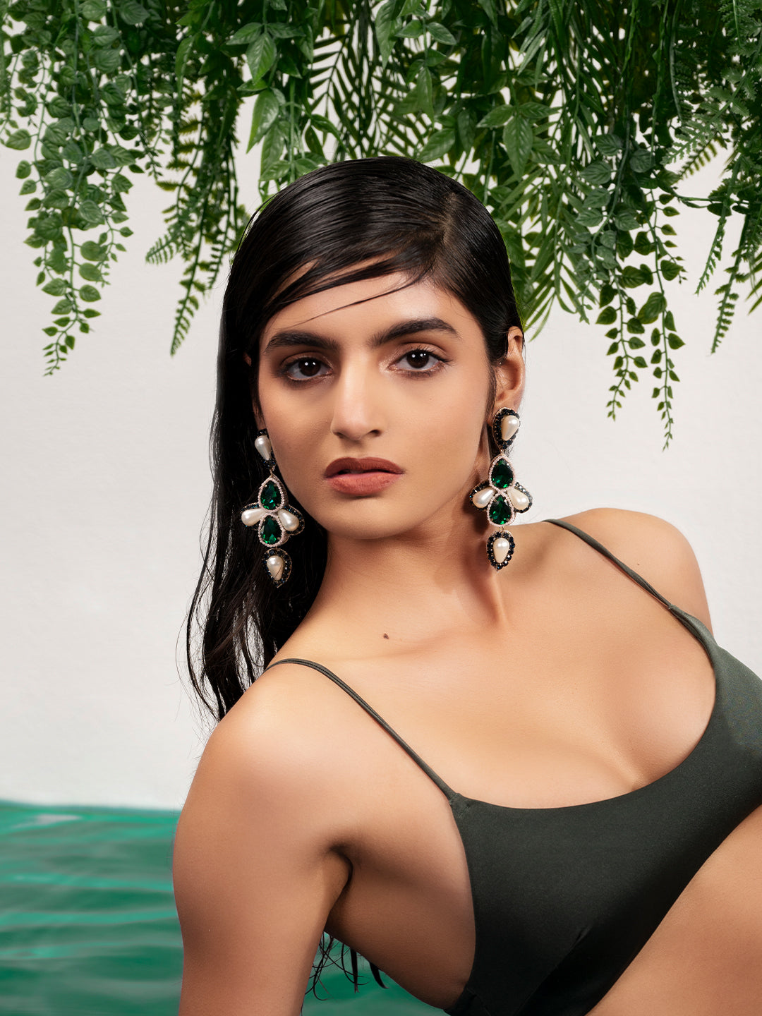 Priyaasi Gold Plated Green Crystal Drop Earrings
