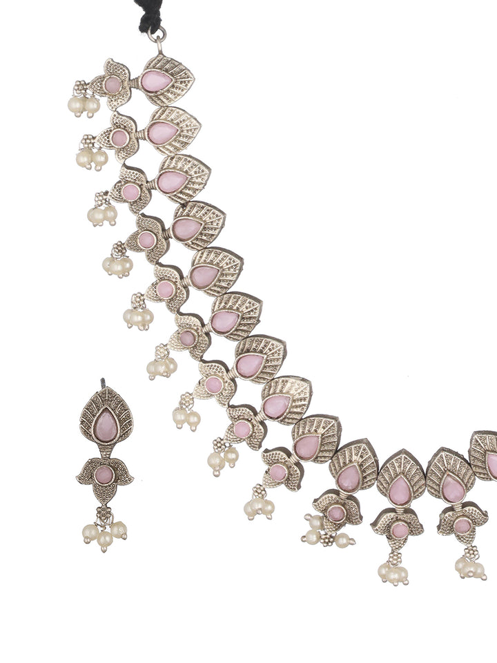 Priyaasi Silver Plated Pink Floral Jewellery Set