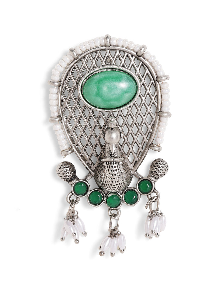 Priyaasi Silver Plated Green Oxidized Drop Earrings