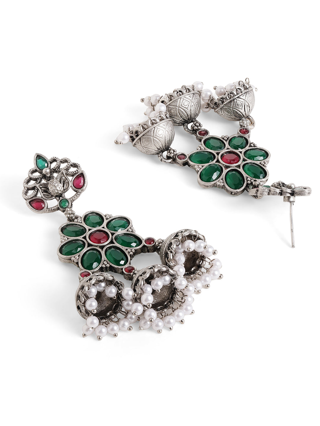Priyaasi Silver Plated Green Oxidized Drop Earrings