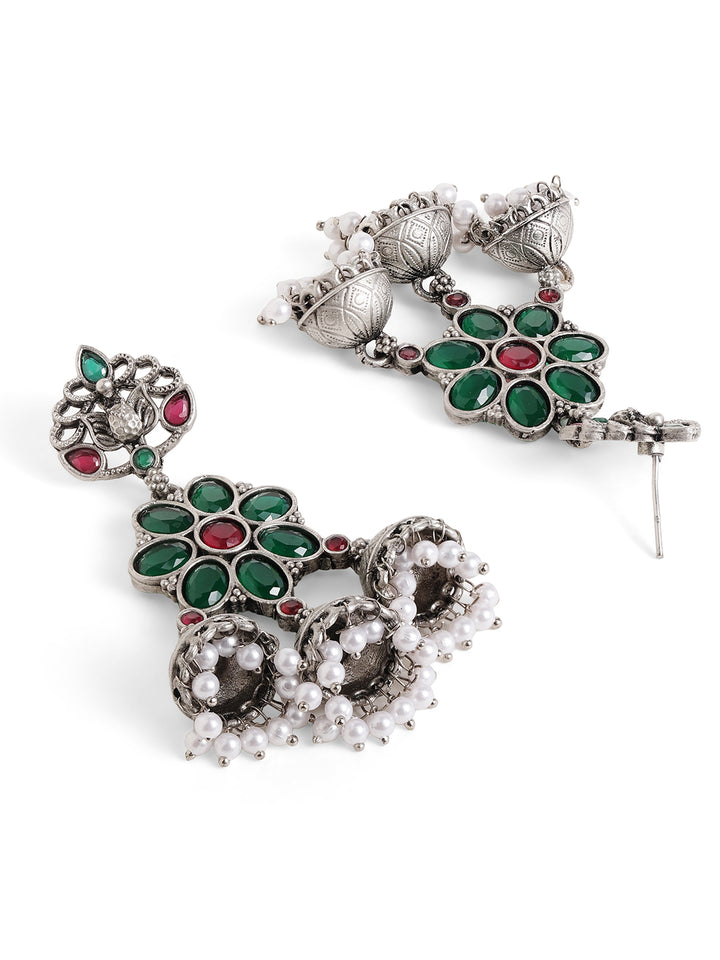 Priyaasi Silver Plated Green Oxidized Drop Earrings