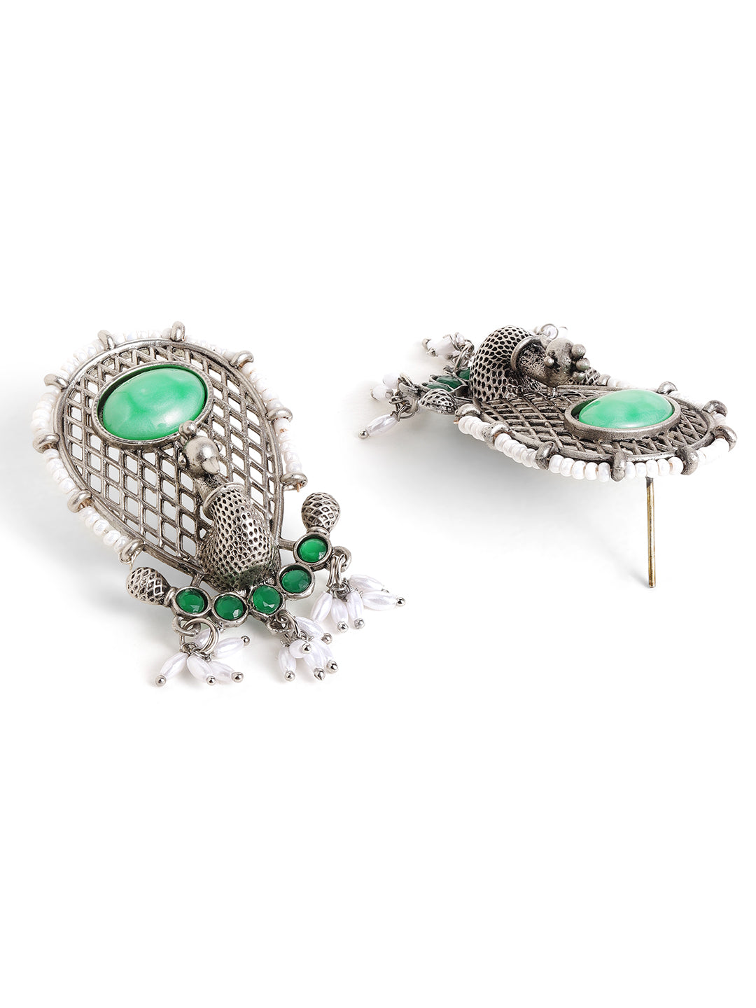 Priyaasi Silver Plated Green Oxidized Drop Earrings