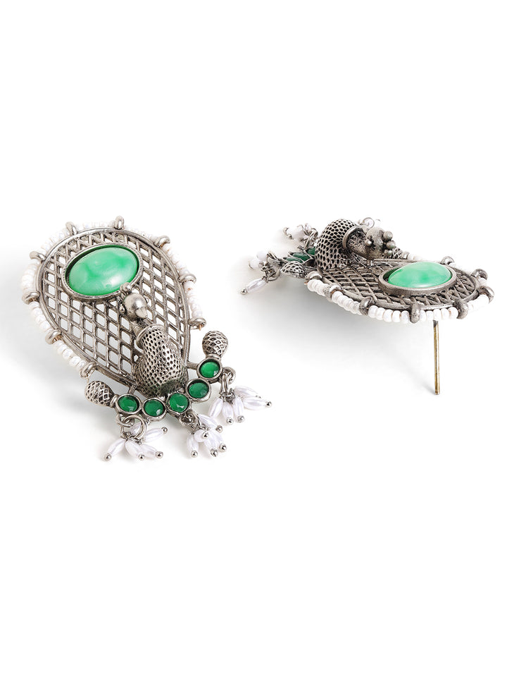 Priyaasi Silver Plated Green Oxidized Drop Earrings