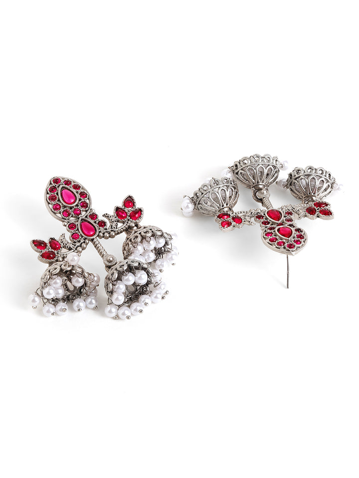 Priyaasi Silver Plated Red Oxidized Drop Earrings