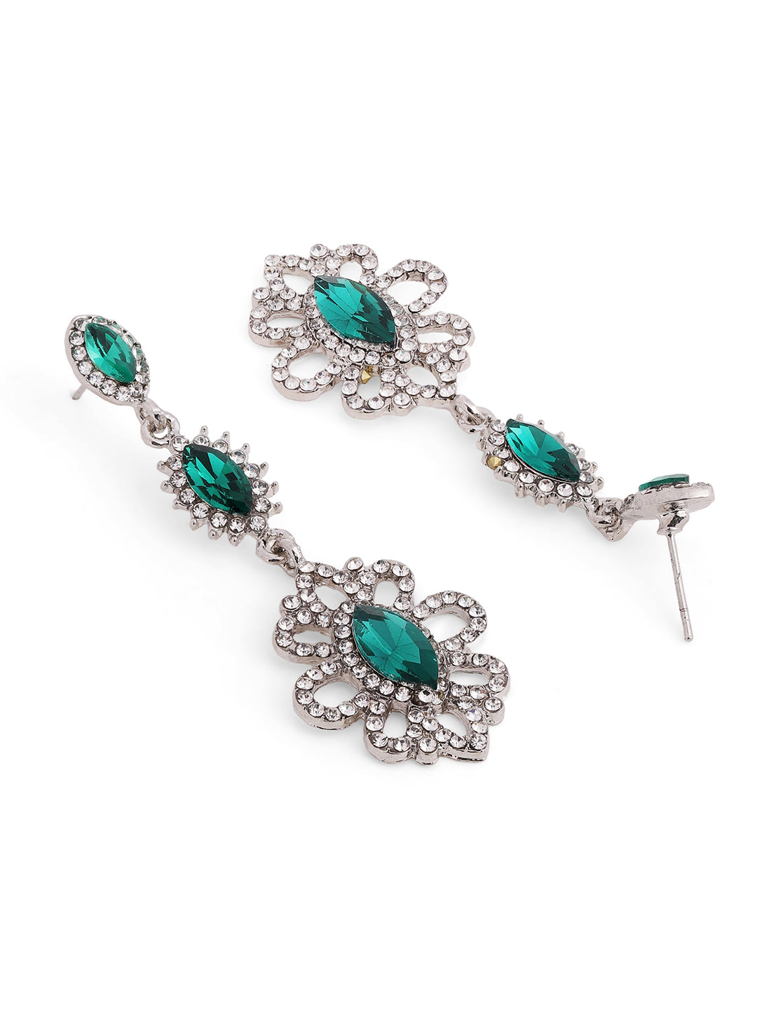 Priyaasi Silver Plated Green Crystal Drop Earrings