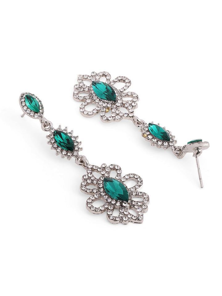 Priyaasi Silver Plated Green Crystal Drop Earrings