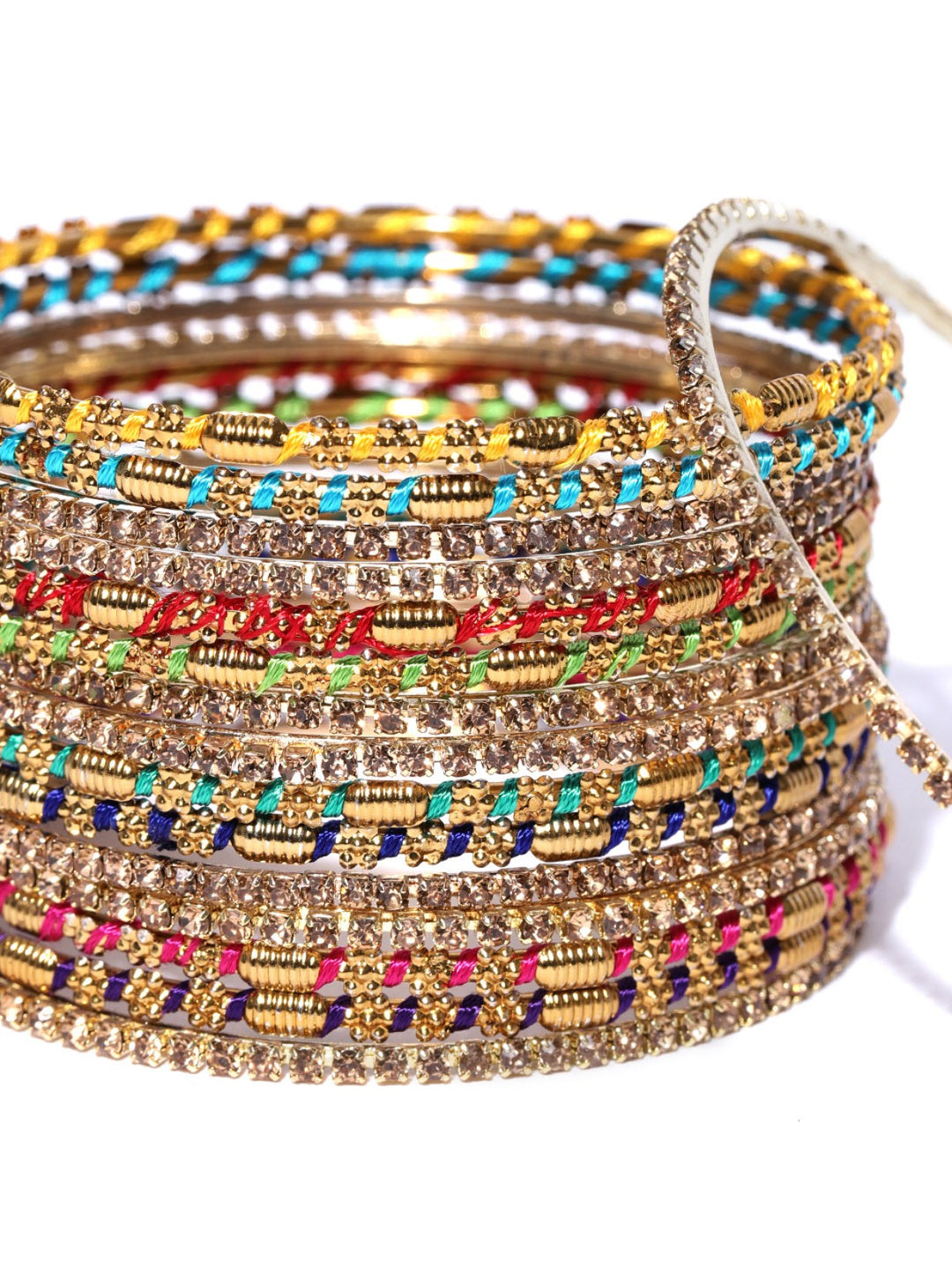 Set of 16 Multicolour Thread Work and Stones Studded Bangles