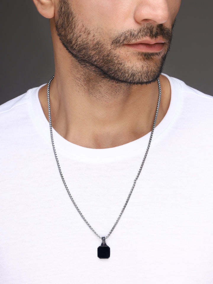 Bold By Priyaasi Men's Stylish Silver-Plated Chain with Black Square Pendant