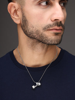 Bold By Priyaasi Men's Stylish Silver-Plated Dumbbell Pendant on a Trendy Chain